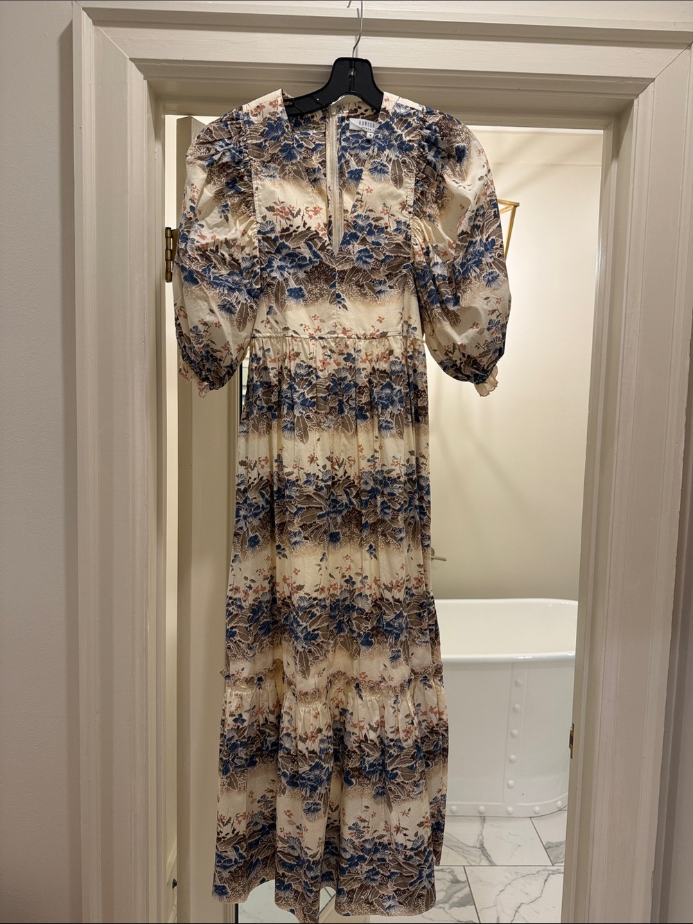 HUNTER BELL Cream Midi Dress with Blue Floral Print